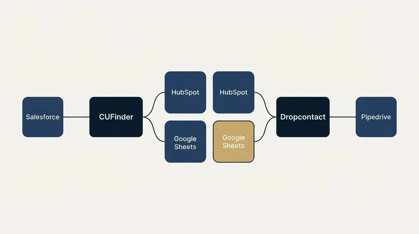 Integration schematic: Integration Ecosystem (CUFinder, Dropcontact, HubSpot, Google Sheets)