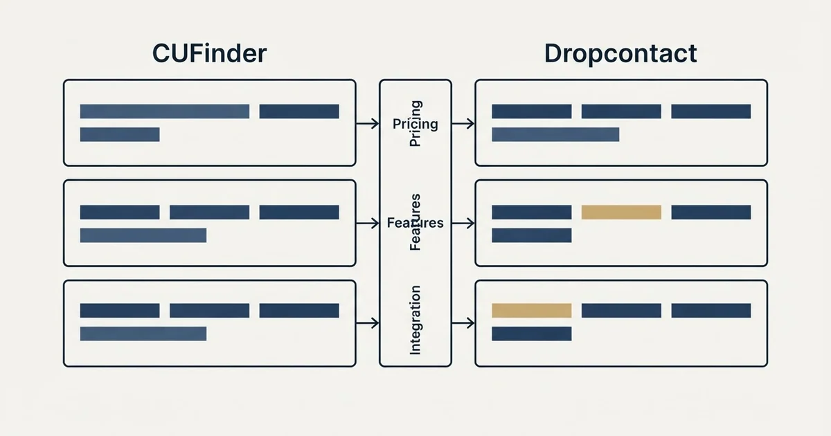 Comparison panel: CUFinder vs Dropcontact (Pricing, Features, Integration)