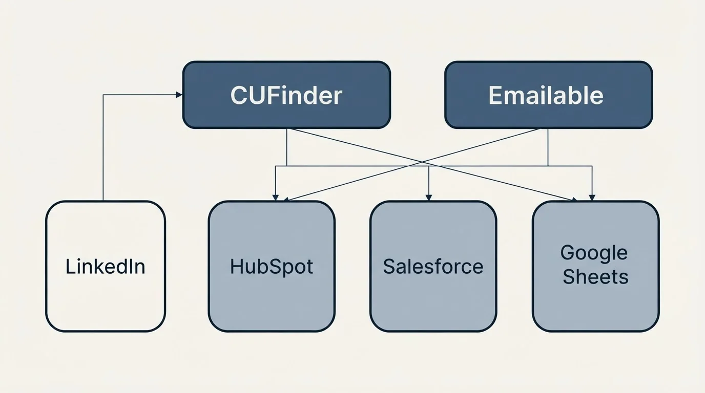 Integration grid: Integration Ecosystem (CUFinder, Emailable, HubSpot, Salesforce)
