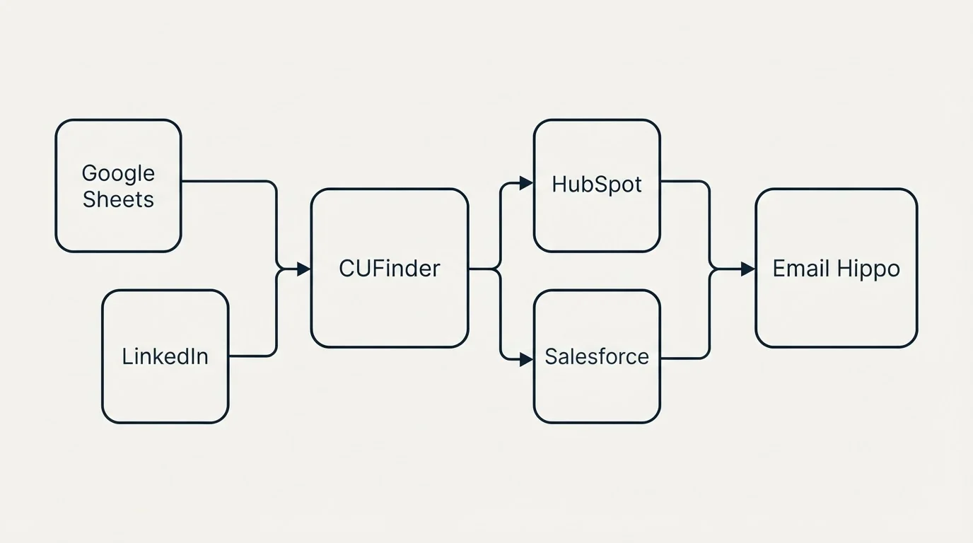 Integration flow: Integration Ecosystem (CUFinder, Email Hippo, HubSpot, Salesforce)