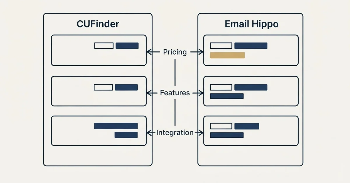 Comparison panel: CUFinder vs Email Hippo (Pricing, Features, Integration)