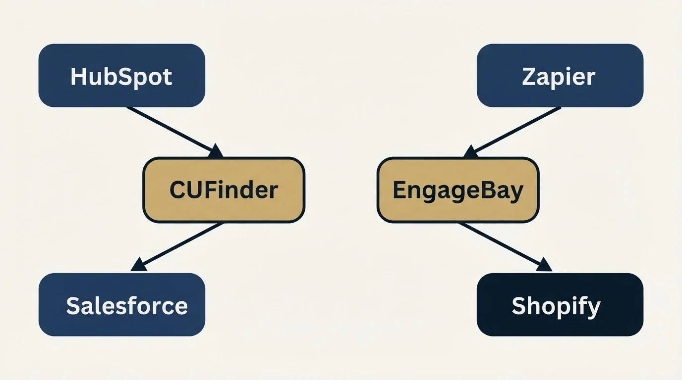 Integration schematic: Integration Ecosystem (CUFinder, EngageBay, HubSpot, Zapier)