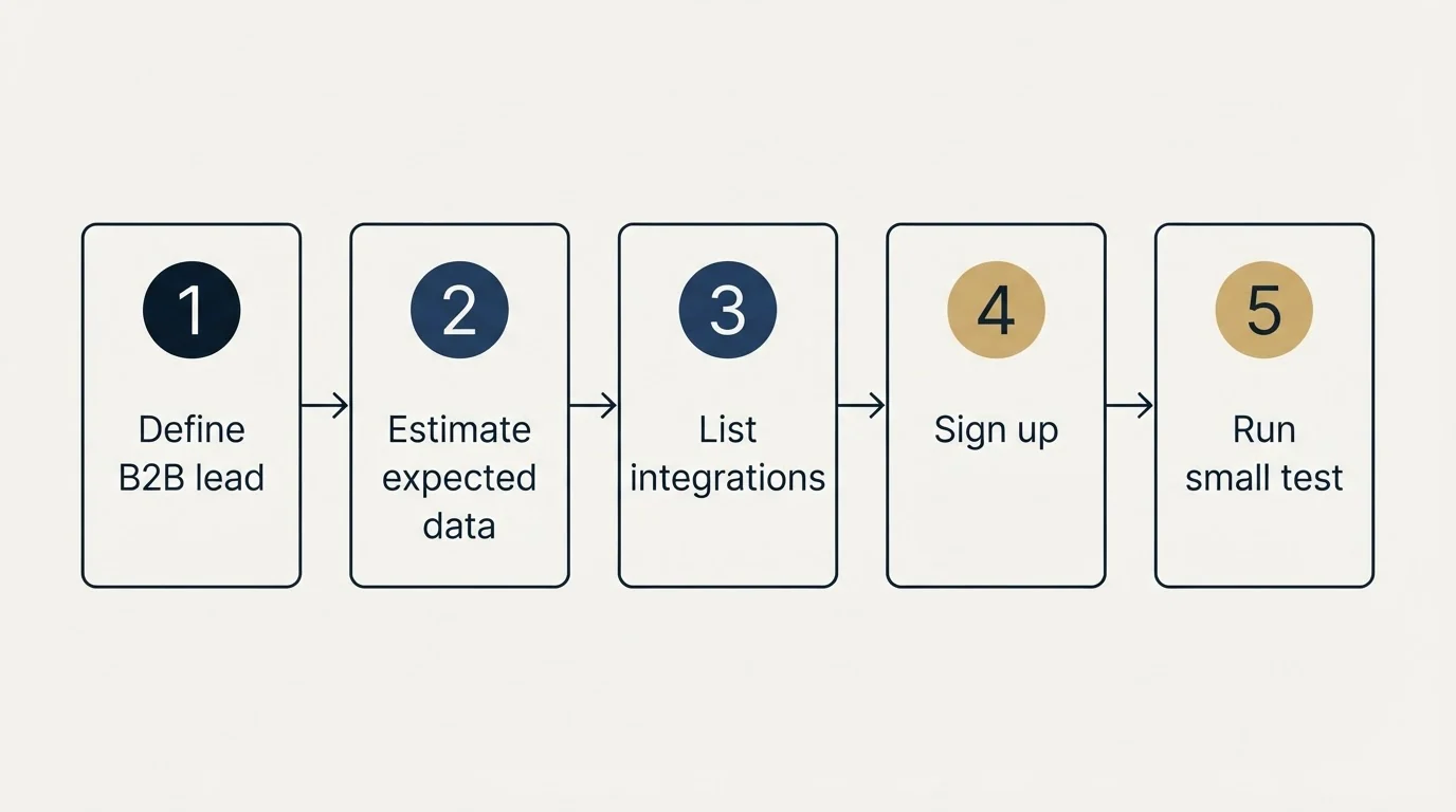 Step sequence: Getting Started Checklist (Define B2B lead, Estimate expected data, List integrations, Sign up)