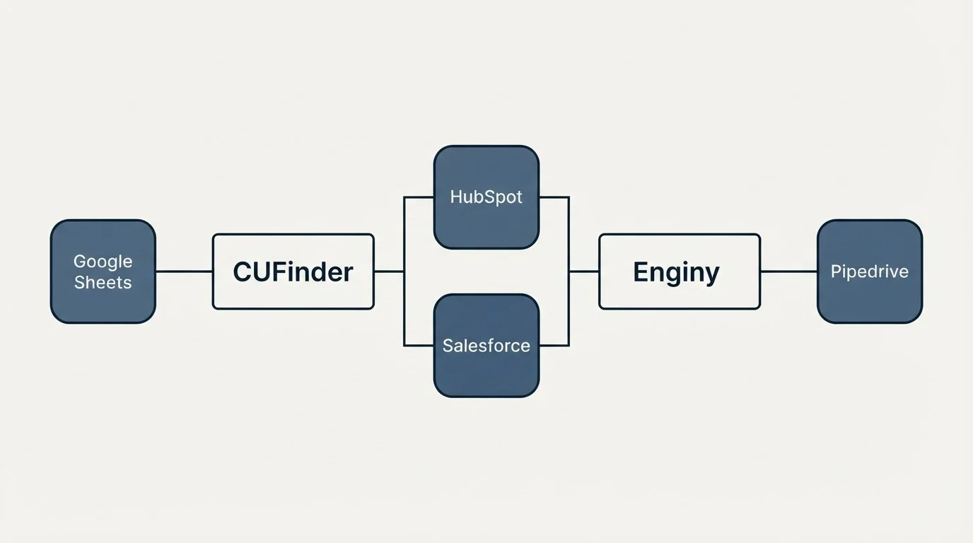 Integration flow: Integration Ecosystem (CUFinder, Enginy, HubSpot, Salesforce)