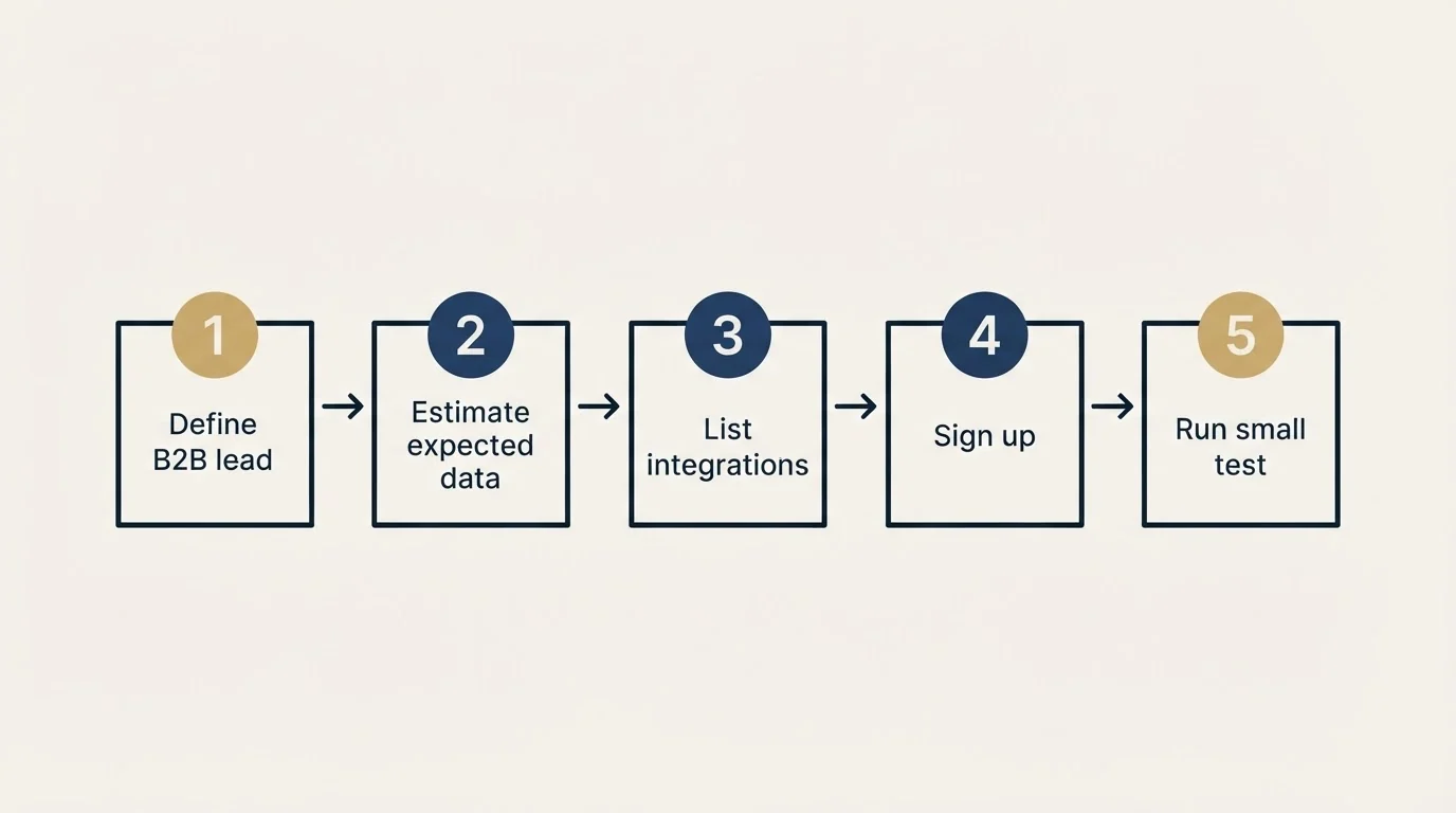 Step sequence: Getting Started Checklist (Define B2B lead, Estimate expected data, List integrations, Sign up)