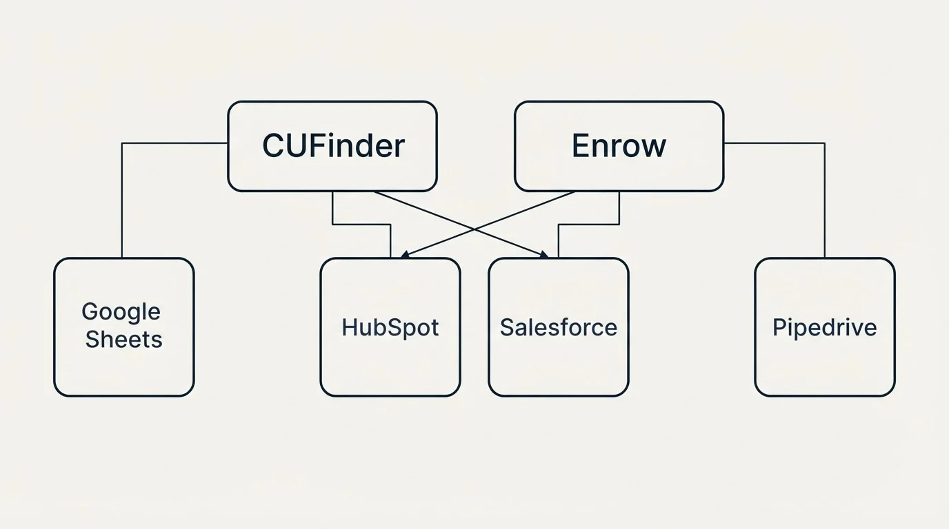 Integration grid: Integration Ecosystem (CUFinder, Enrow, HubSpot, Salesforce)