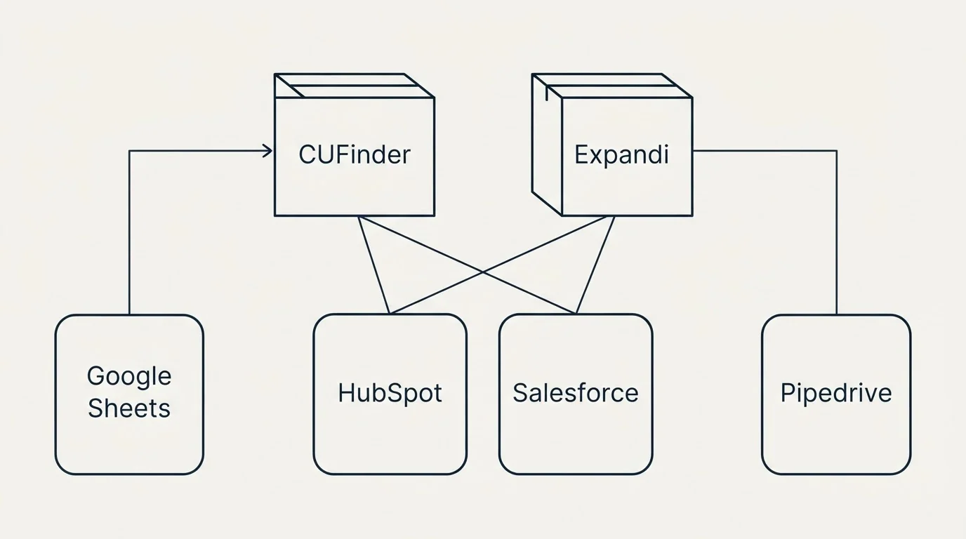 Integration grid: Integration Ecosystem (CUFinder, Expandi, HubSpot, Salesforce)