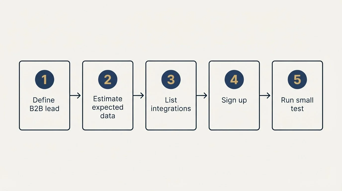 Step sequence: Getting Started Checklist (Define B2B lead, Estimate expected data, List integrations, Sign up)