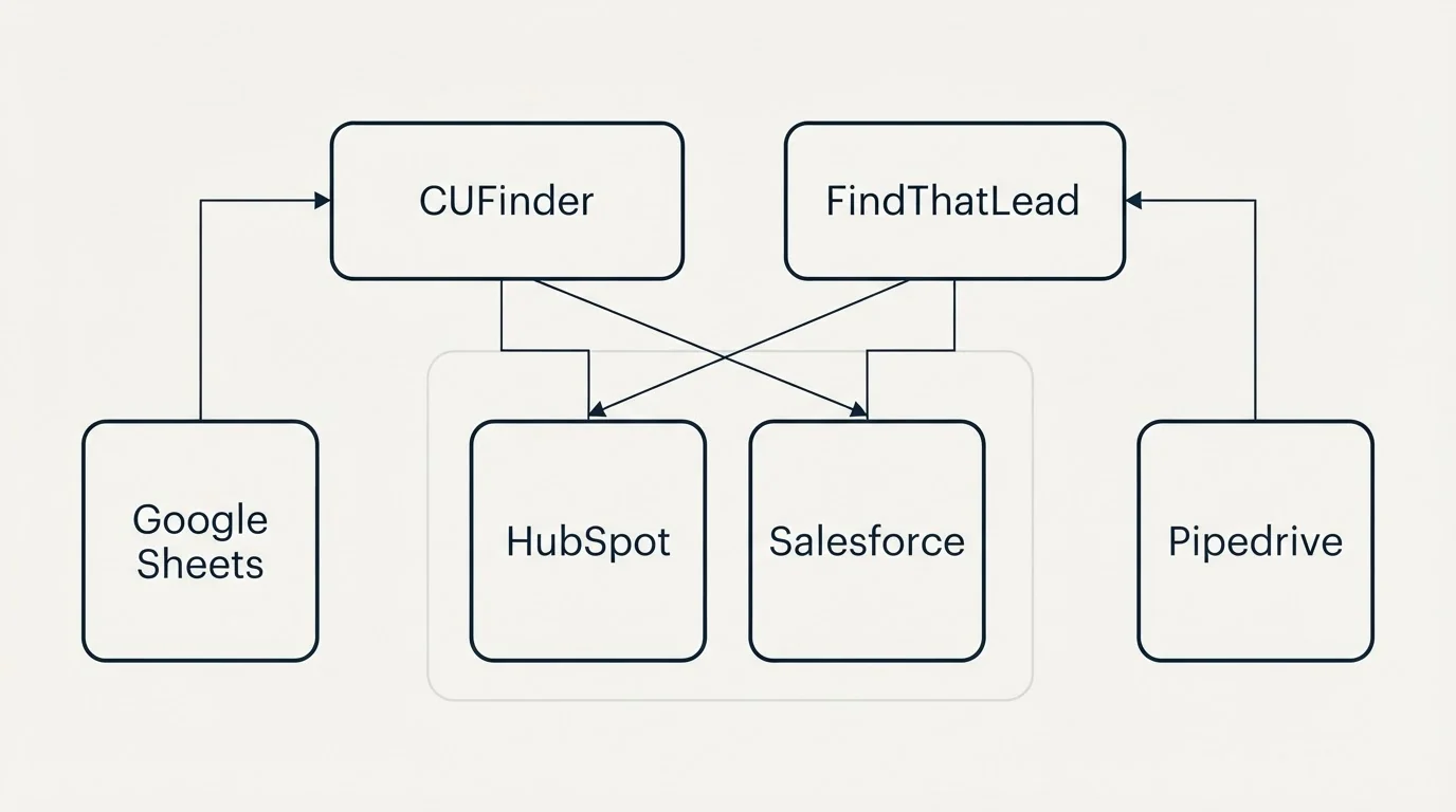 Integration grid: Integration Ecosystem (CUFinder, FindThatLead, HubSpot, Salesforce)