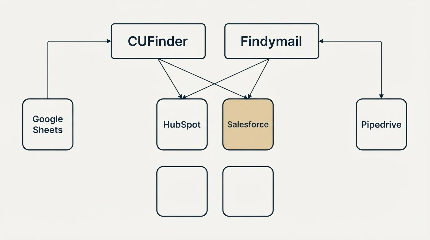 Integration grid: Integration Ecosystem (CUFinder, Findymail, HubSpot, Salesforce)