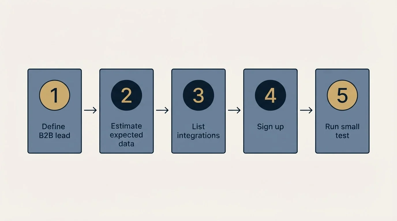 Step sequence: Getting Started Checklist (Define B2B lead, Estimate expected data, List integrations, Sign up)