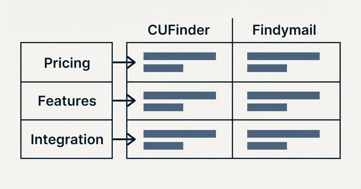Comparison panel: CUFinder vs Findymail (Pricing, Features, Integration)