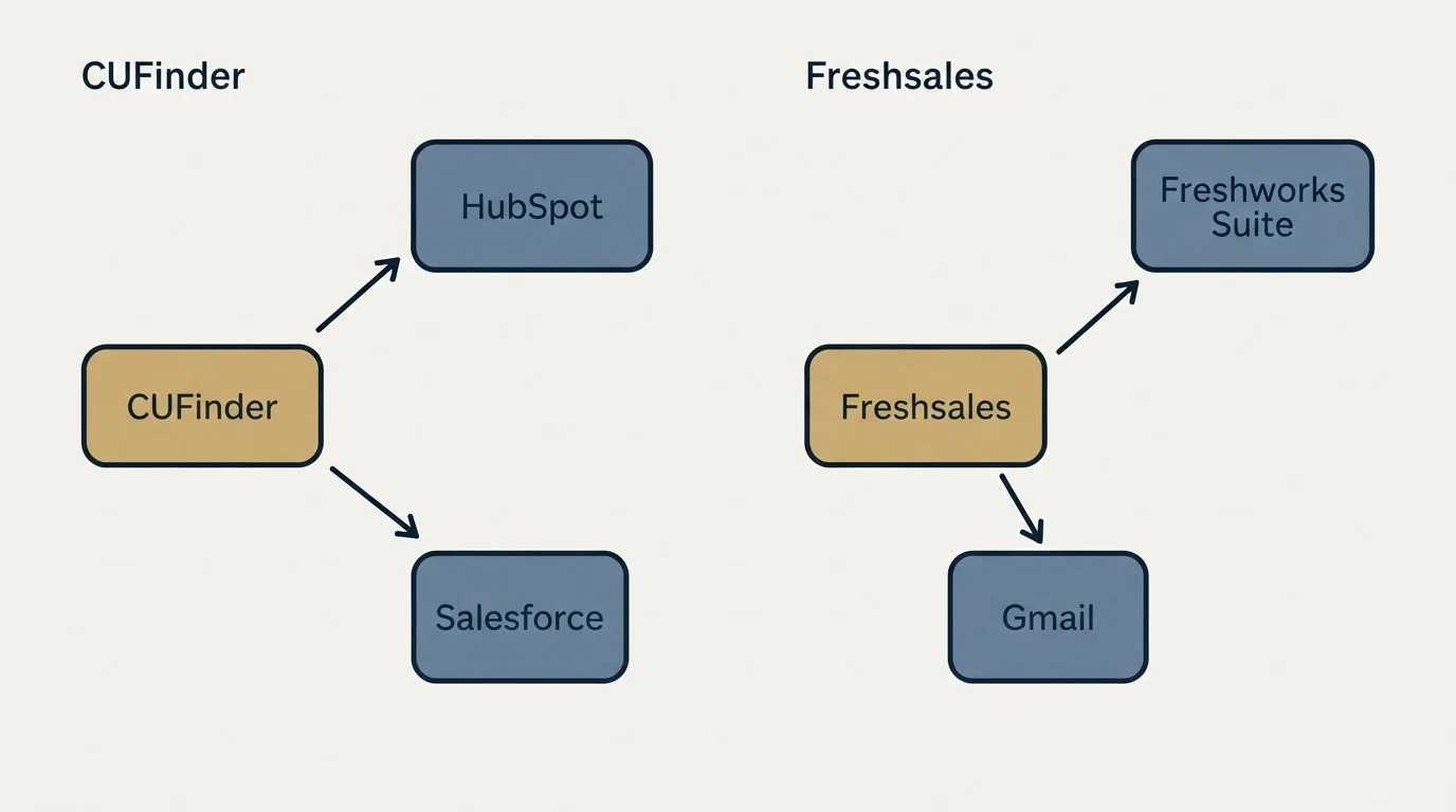 Integration schematic: Integration Ecosystem (CUFinder, Freshsales, HubSpot, Freshworks Suite)