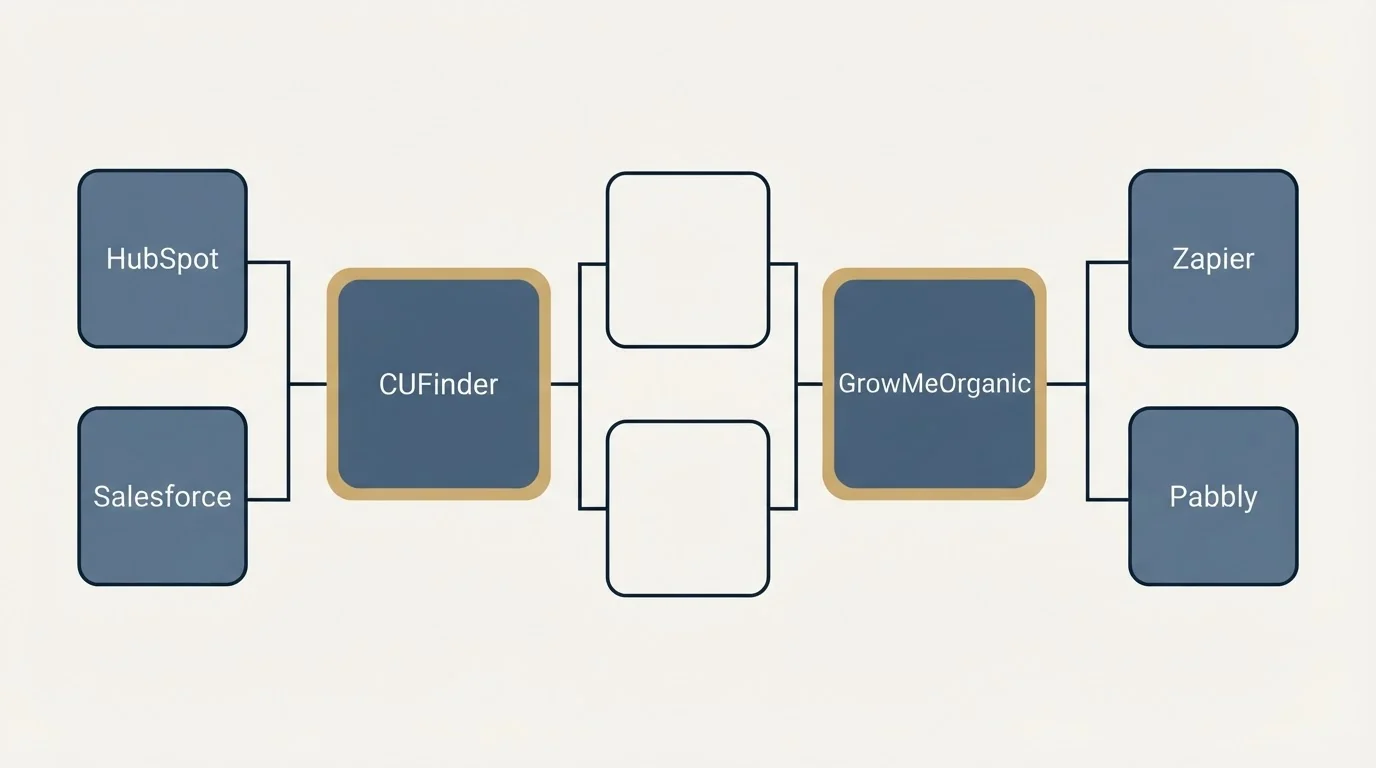 Integration flow: Integration Ecosystem (CUFinder, GrowMeOrganic, HubSpot, Zapier)