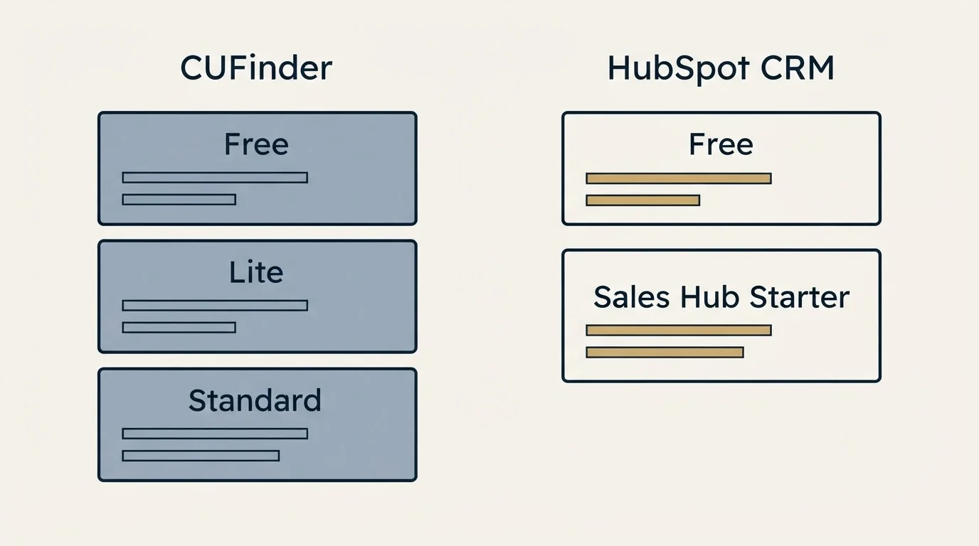 Pricing panels: Pricing Comparison (CUFinder, HubSpot CRM, Free, Lite)