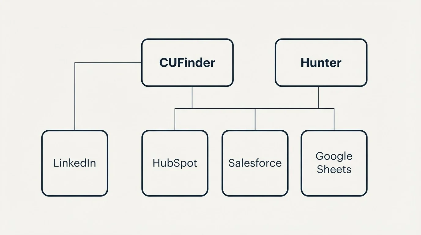 Integration grid: Integration Ecosystem (CUFinder, Hunter, HubSpot, Salesforce)
