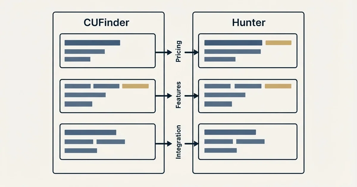Comparison panel: CUFinder vs Hunter (Pricing, Features, Integration)