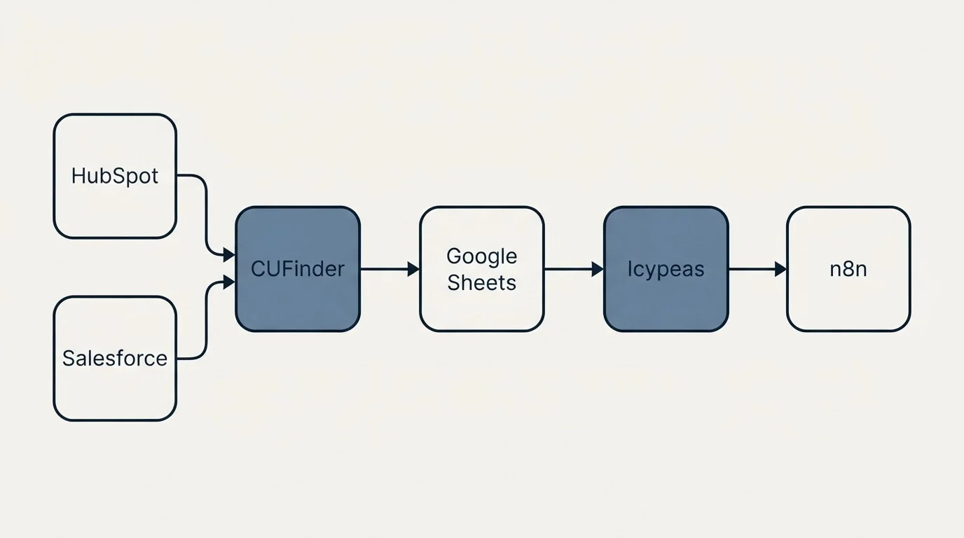Integration schematic: Integration Ecosystem (CUFinder, Icypeas, Google Sheets, HubSpot)