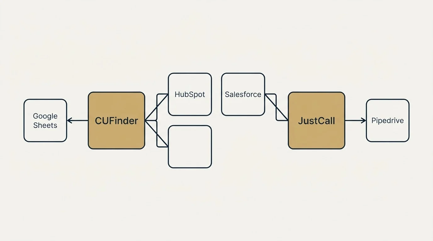Integration schematic: Integration Ecosystem (CUFinder, JustCall, HubSpot, Salesforce)