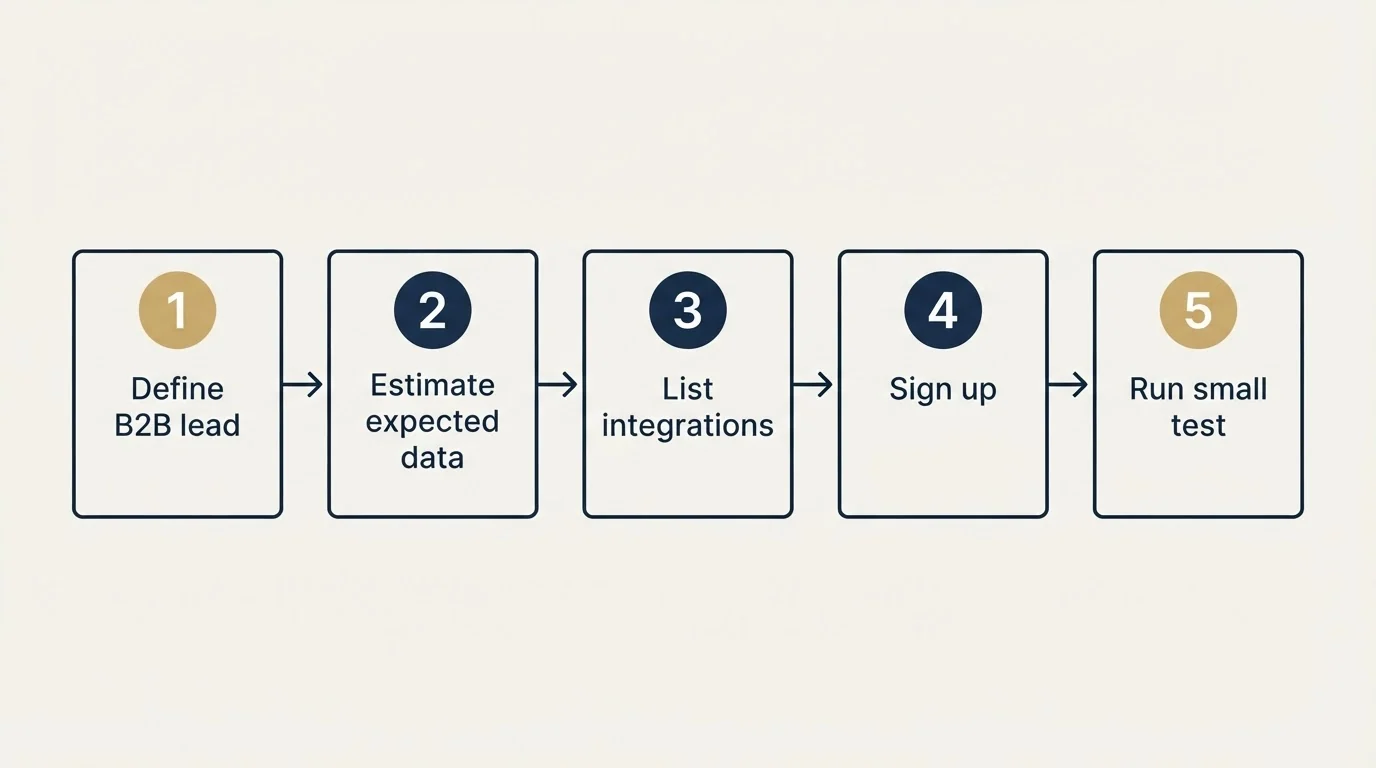 Step sequence: Getting Started Checklist (Define B2B lead, Estimate expected data, List integrations, Sign up)