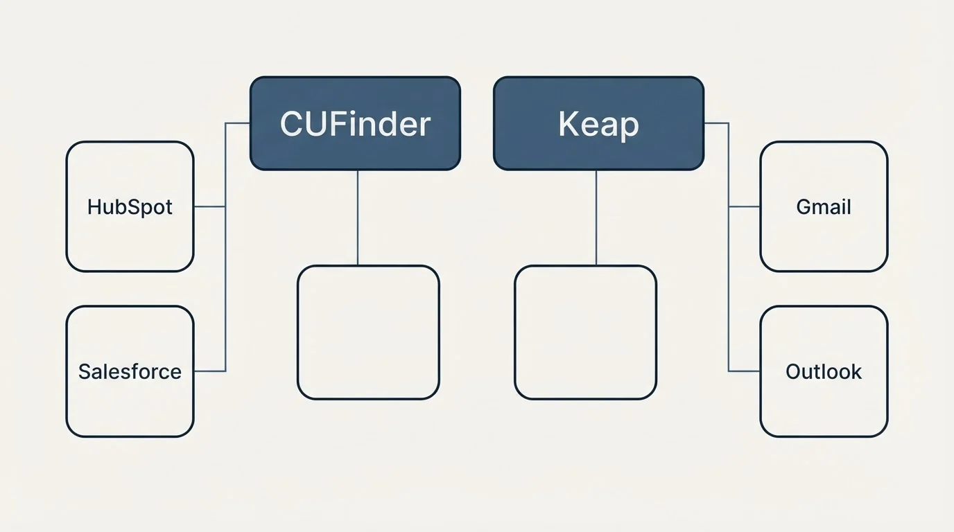 Integration grid: Integration Ecosystem (CUFinder, Keap, HubSpot, Gmail)