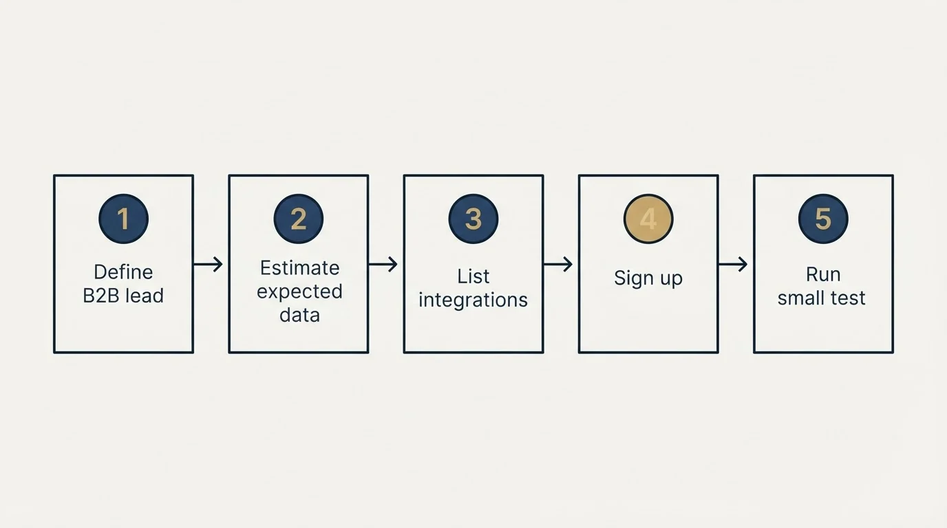Step sequence: Getting Started Checklist (Define B2B lead, Estimate expected data, List integrations, Sign up)