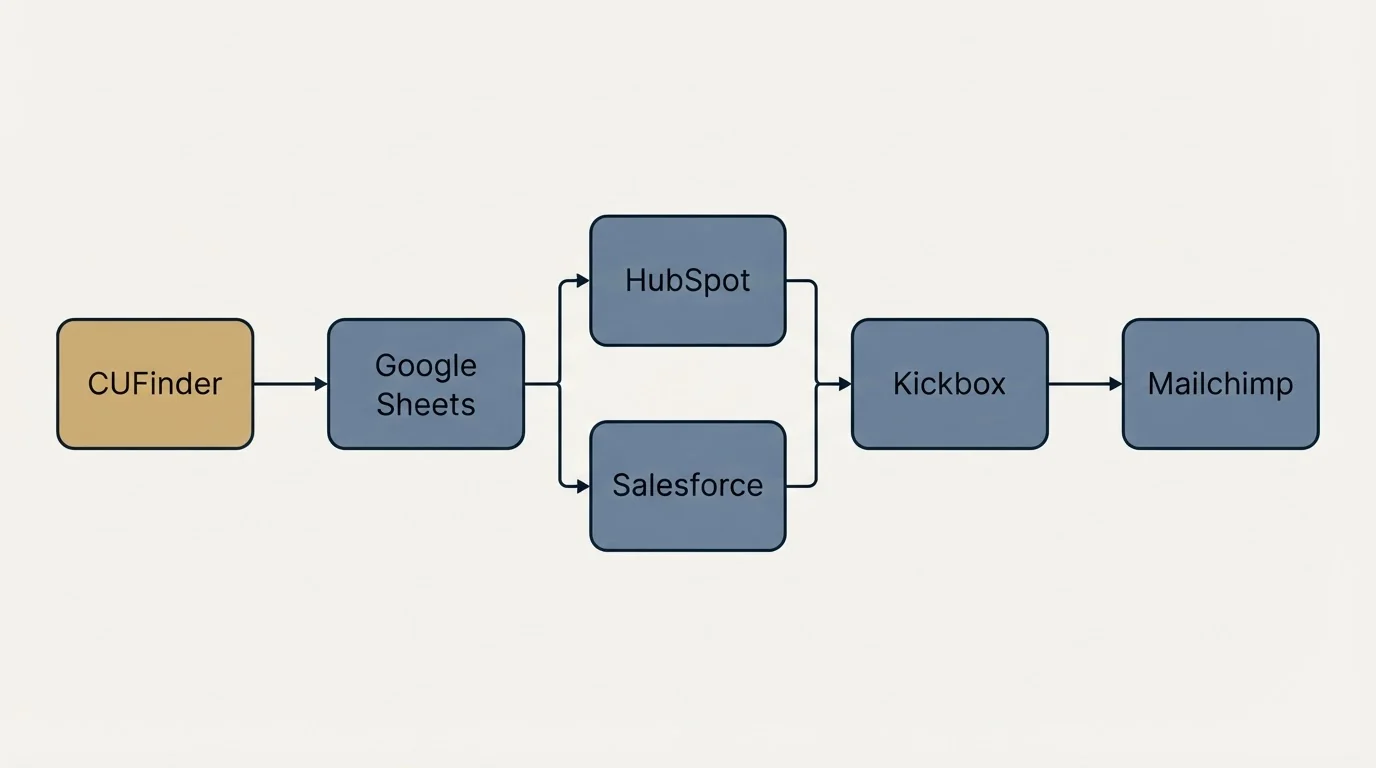 Integration flow: Integration Ecosystem (CUFinder, Kickbox, HubSpot, Salesforce)
