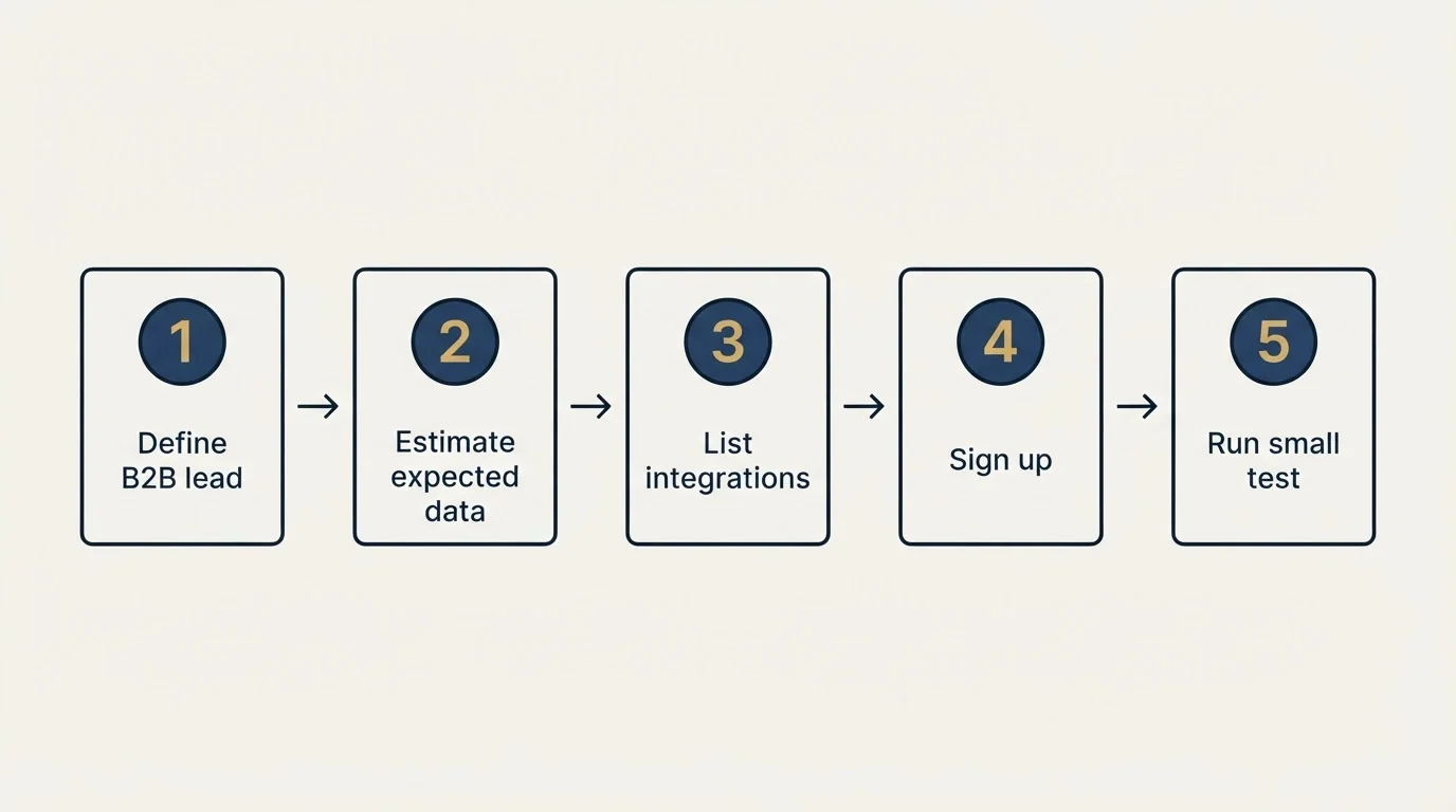 Step sequence: Getting Started Checklist (Define B2B lead, Estimate expected data, List integrations, Sign up)