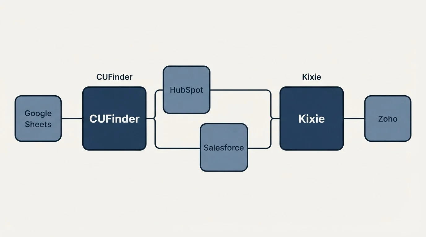 Integration schematic: Integration Ecosystem (CUFinder, Kixie, HubSpot, Salesforce)