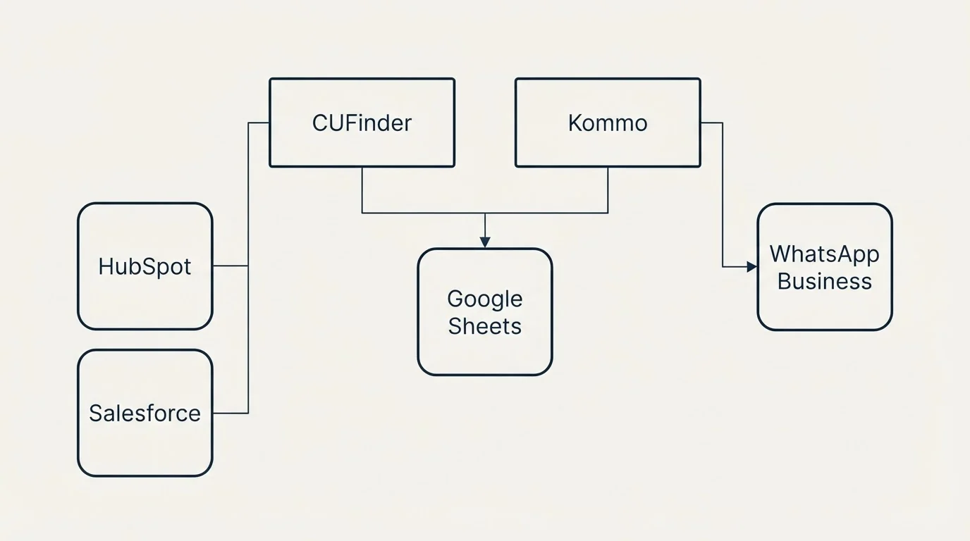 Integration grid: Integration Ecosystem (CUFinder, Kommo, Google Sheets, HubSpot)