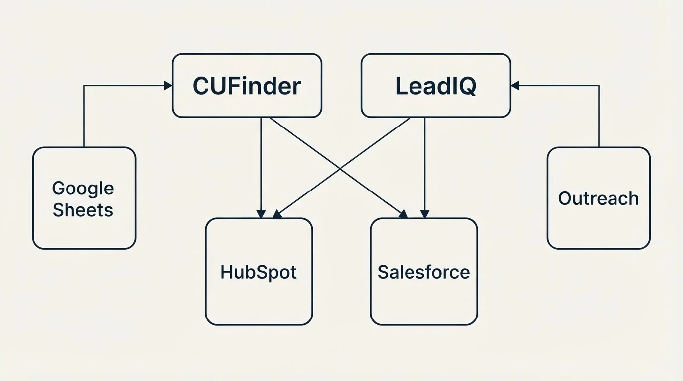 Integration grid: Integration Ecosystem (CUFinder, LeadIQ, HubSpot, Salesforce)