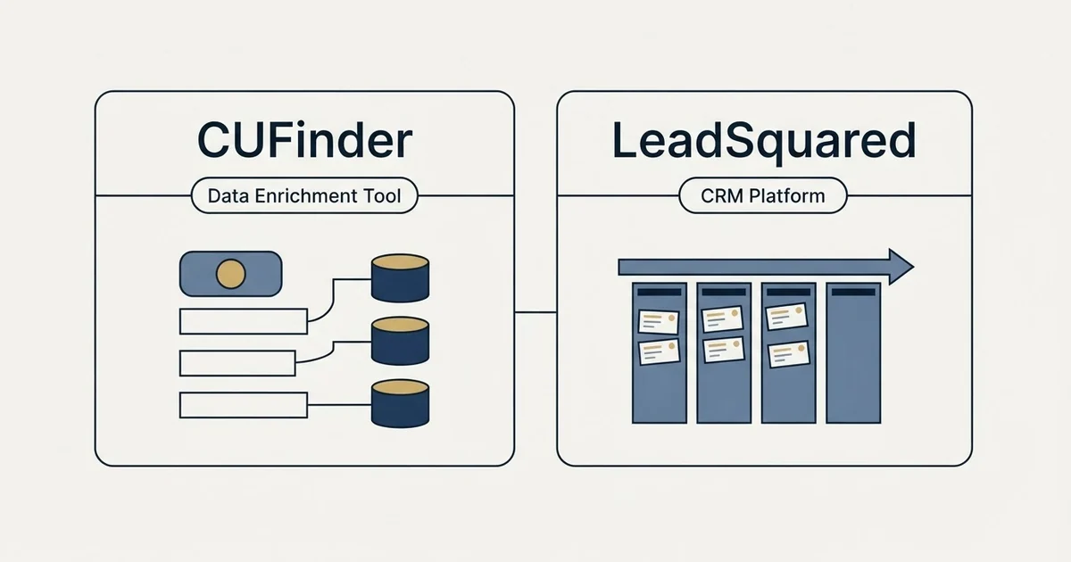 Side-by-side panels: CUFinder vs LeadSquared (Data Enrichment Tool, CRM Platform)