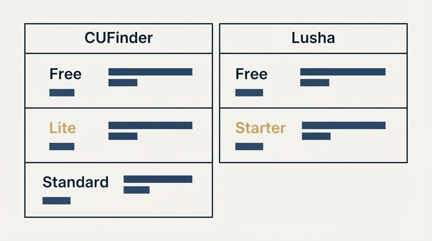 Pricing table: Pricing Comparison (CUFinder, Lusha, Free, Lite)