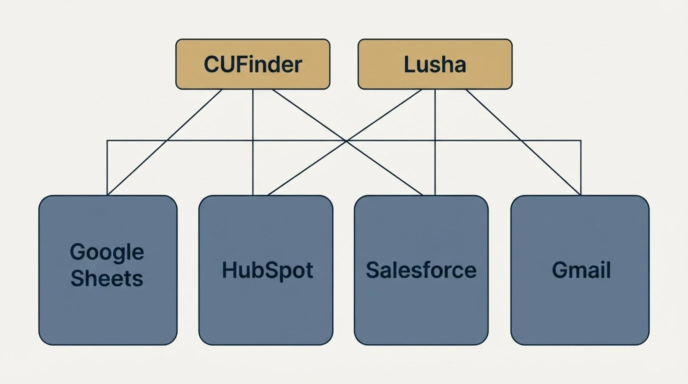 Integration grid: Integration Ecosystem (CUFinder, Lusha, HubSpot, Salesforce)