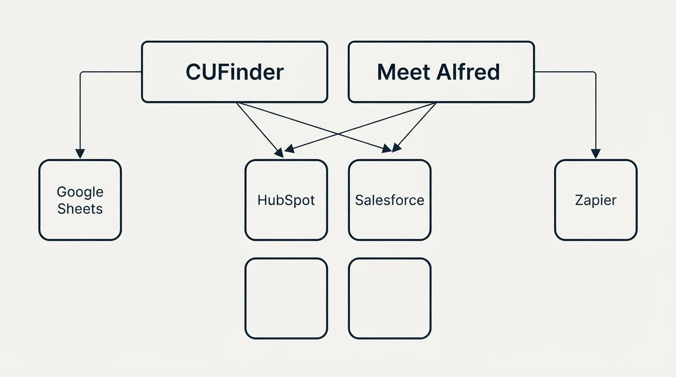 Integration grid: Integration Ecosystem (CUFinder, Meet Alfred, HubSpot, Salesforce)