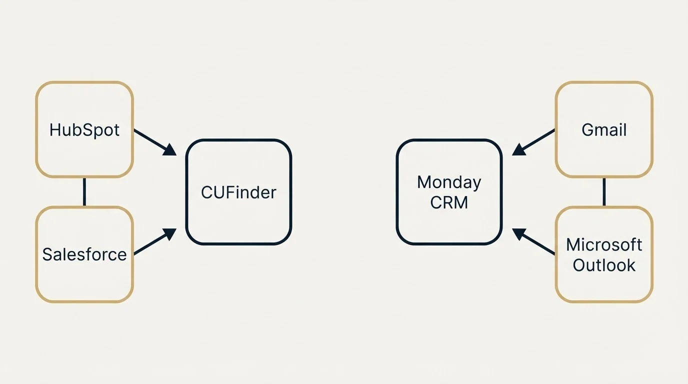 Integration schematic: Integration Ecosystem (CUFinder, Monday CRM, HubSpot, Gmail)