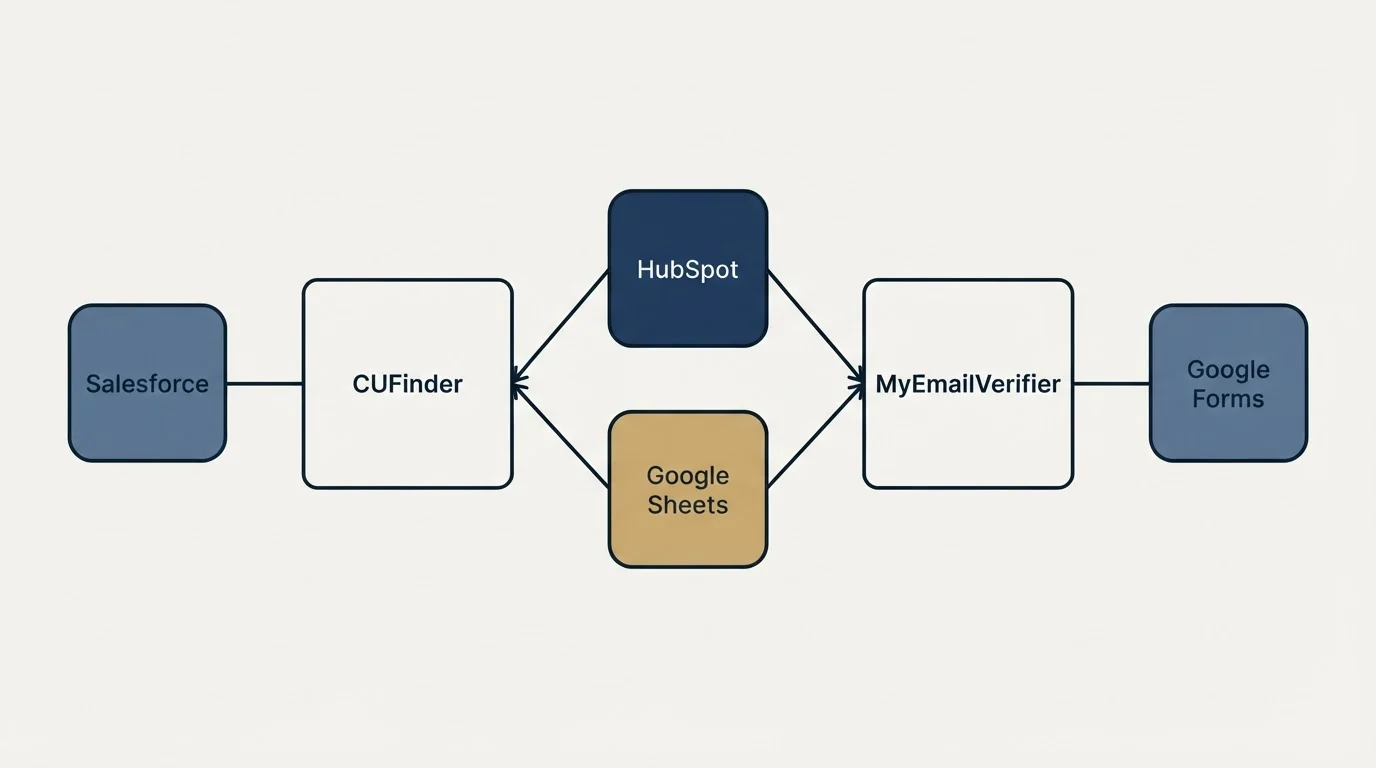 Integration schematic: Integration Ecosystem (CUFinder, MyEmailVerifier, HubSpot, Google Sheets)