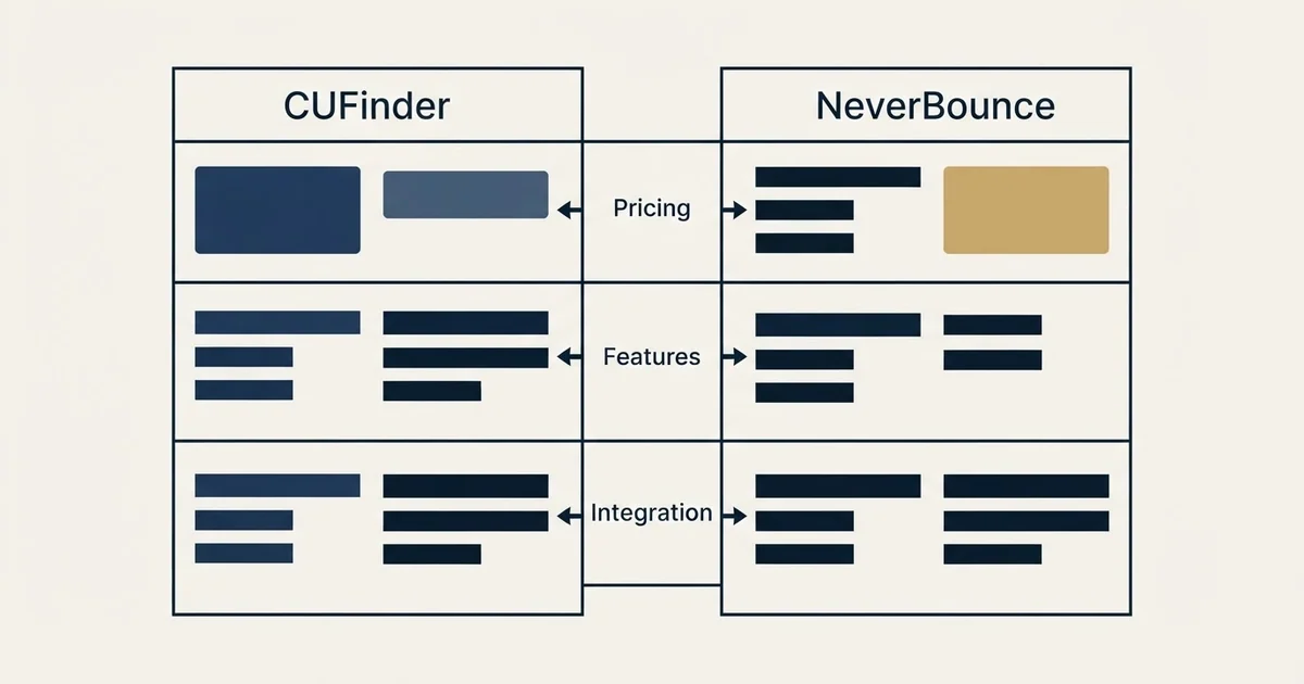 Comparison panel: CUFinder vs NeverBounce (Pricing, Features, Integration)