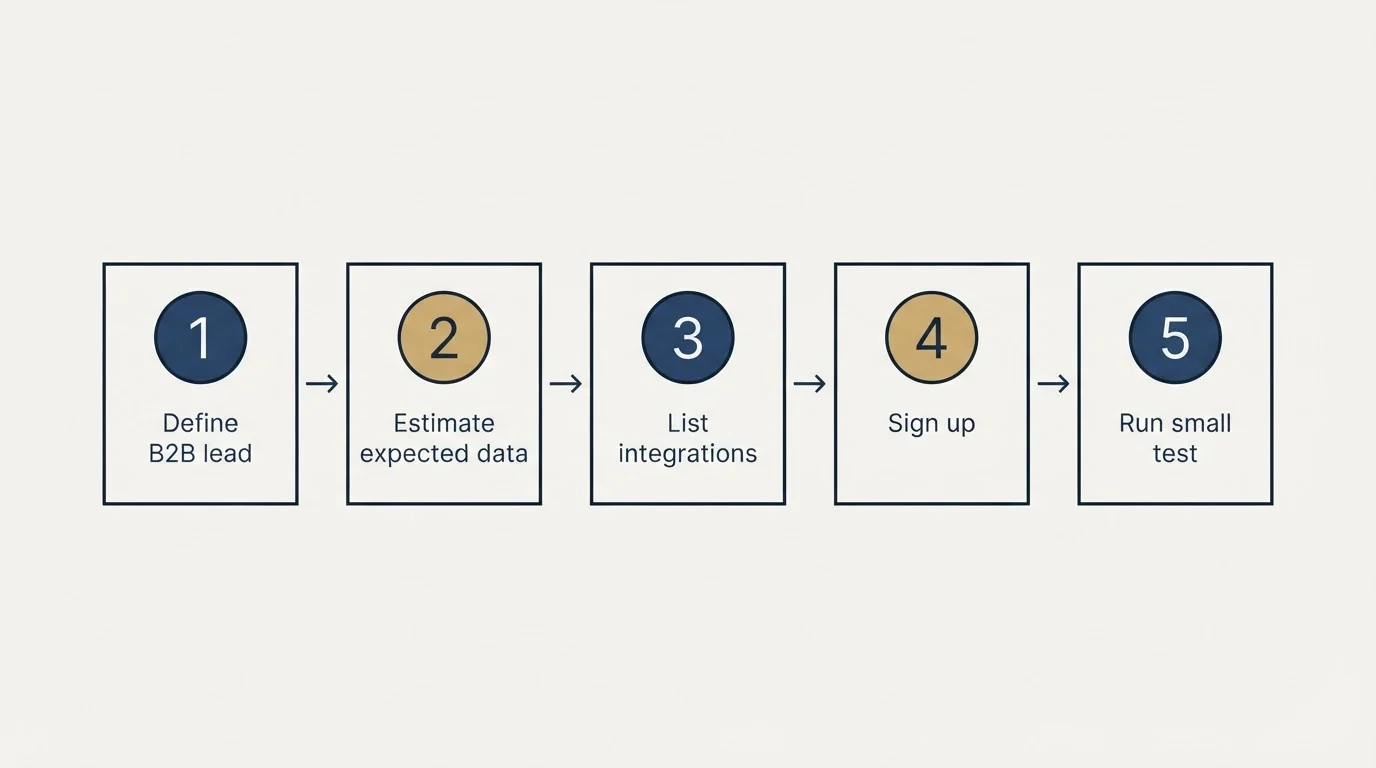 Step sequence: Getting Started Checklist (Define B2B lead, Estimate expected data, List integrations, Sign up)