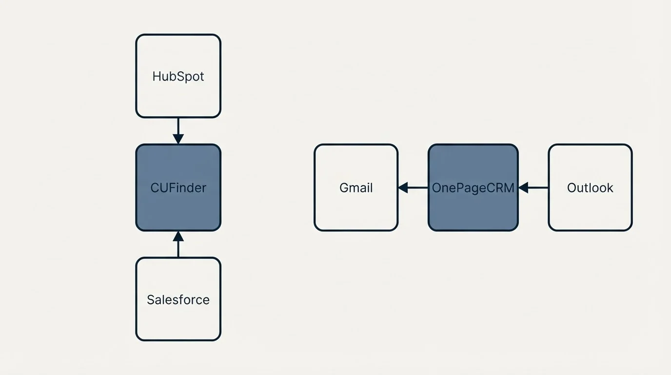 Integration schematic: Integration Ecosystem (CUFinder, OnePageCRM, HubSpot, Gmail)