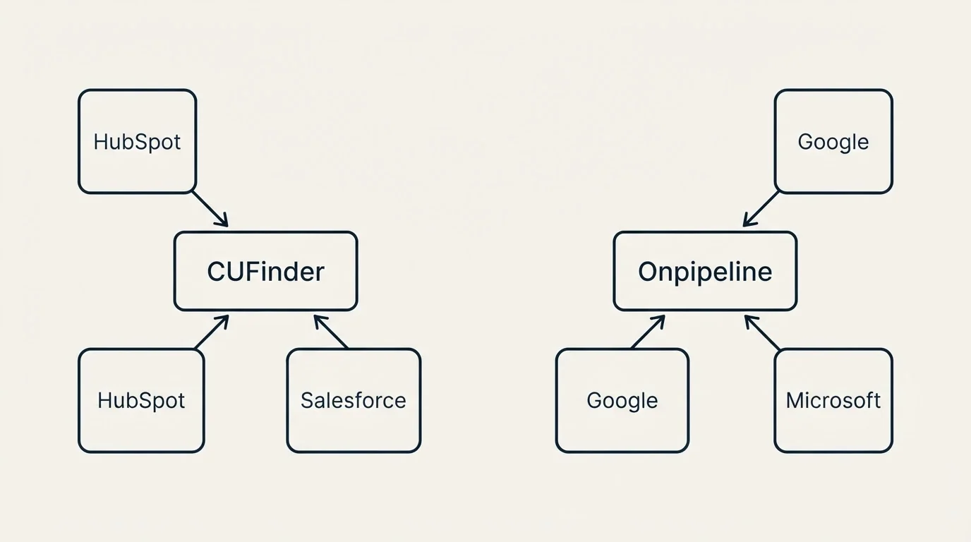 Integration schematic: Integration Ecosystem (CUFinder, Onpipeline, HubSpot, Google)