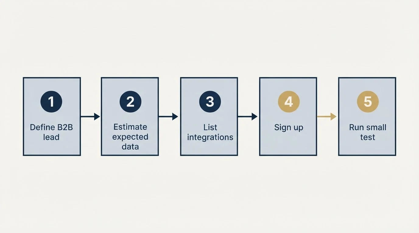 Step sequence: Getting Started Checklist (Define B2B lead, Estimate expected data, List integrations, Sign up)