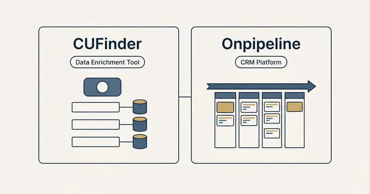 Side-by-side panels: CUFinder vs Onpipeline (Data Enrichment Tool, CRM Platform)