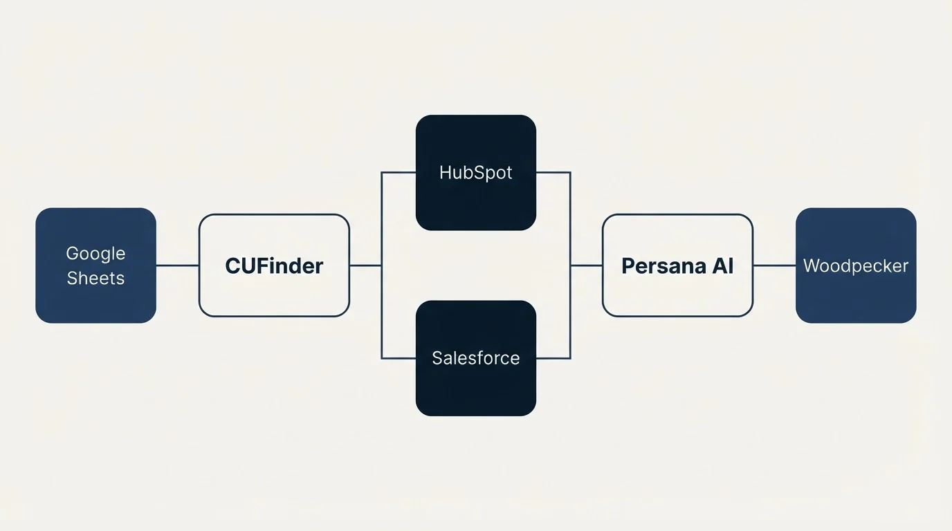 Integration flow: Integration Ecosystem (CUFinder, Persana AI, HubSpot, Salesforce)