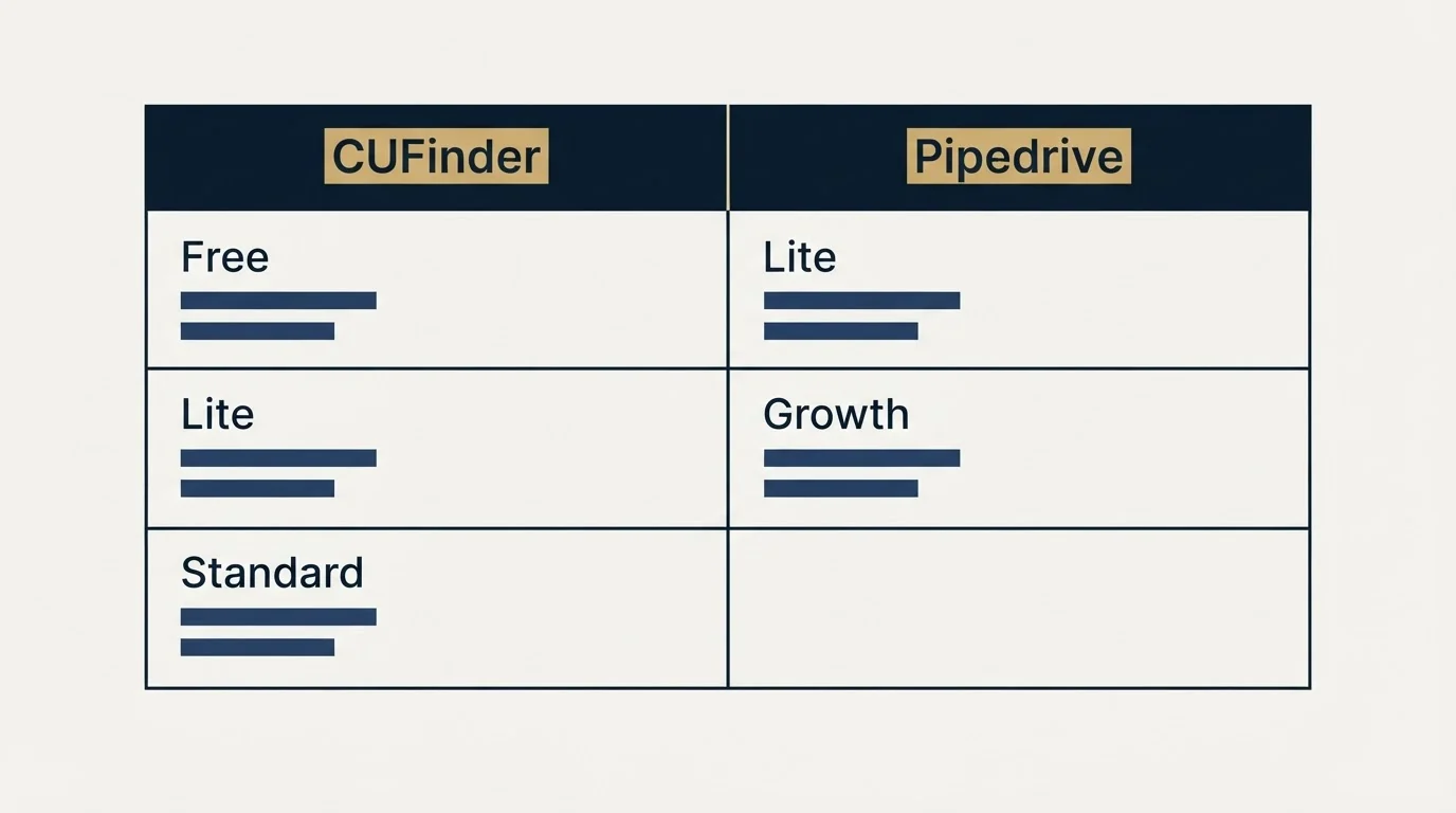 Pricing table: Pricing Comparison (CUFinder, Pipedrive, Free, Lite)