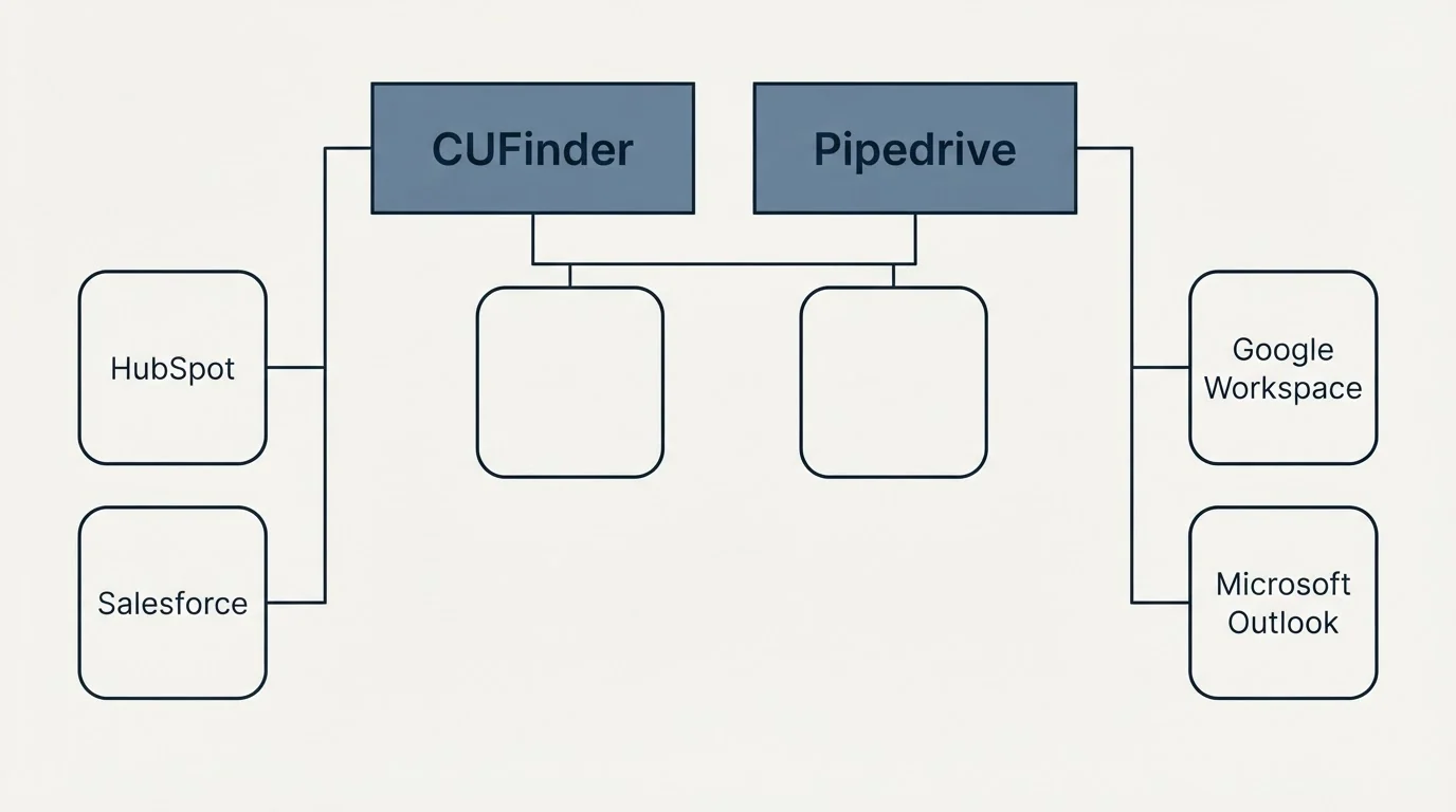 Integration grid: Integration Ecosystem (CUFinder, Pipedrive, HubSpot, Google Workspace)