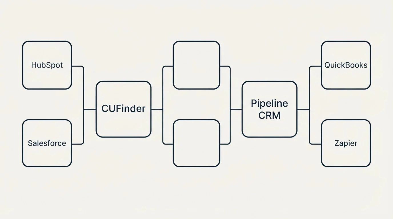 Integration flow: Integration Ecosystem (CUFinder, Pipeline CRM, HubSpot, QuickBooks)