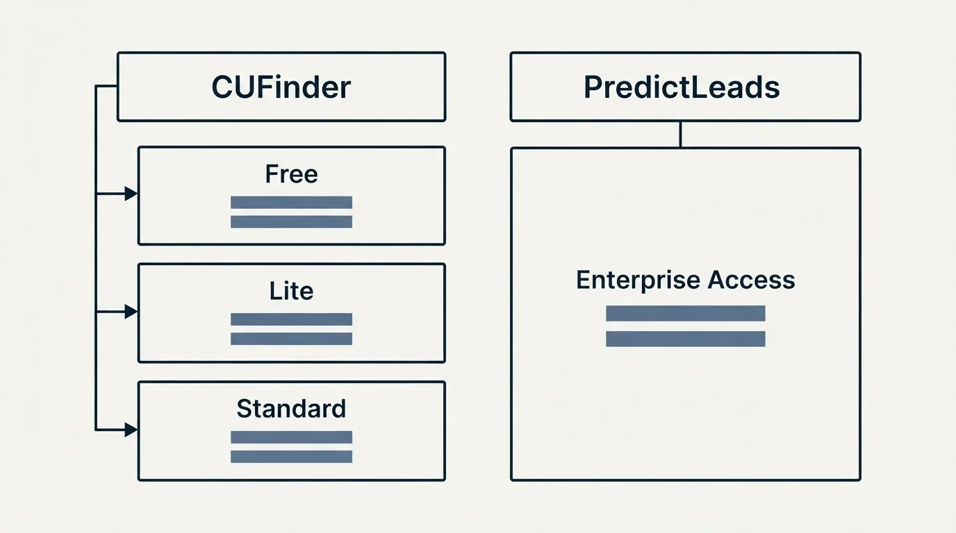 Pricing table: Pricing Comparison (CUFinder, PredictLeads, Free, Enterprise Access)