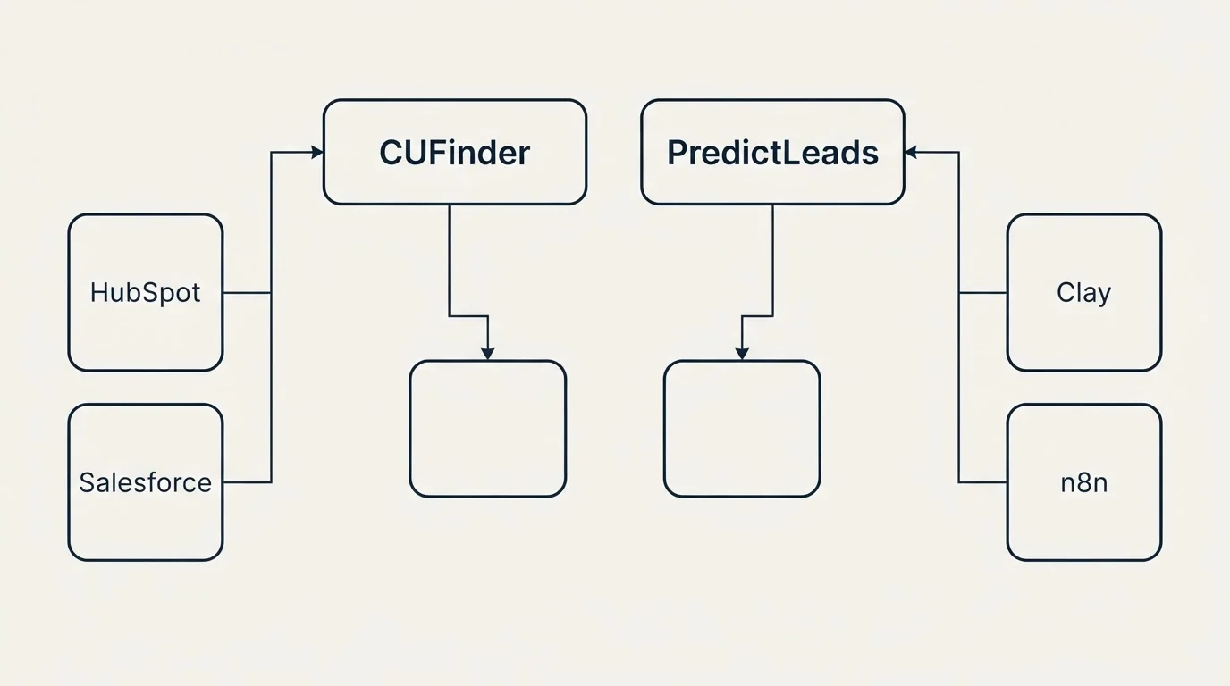 Integration grid: Integration Ecosystem (CUFinder, PredictLeads, HubSpot, Clay)