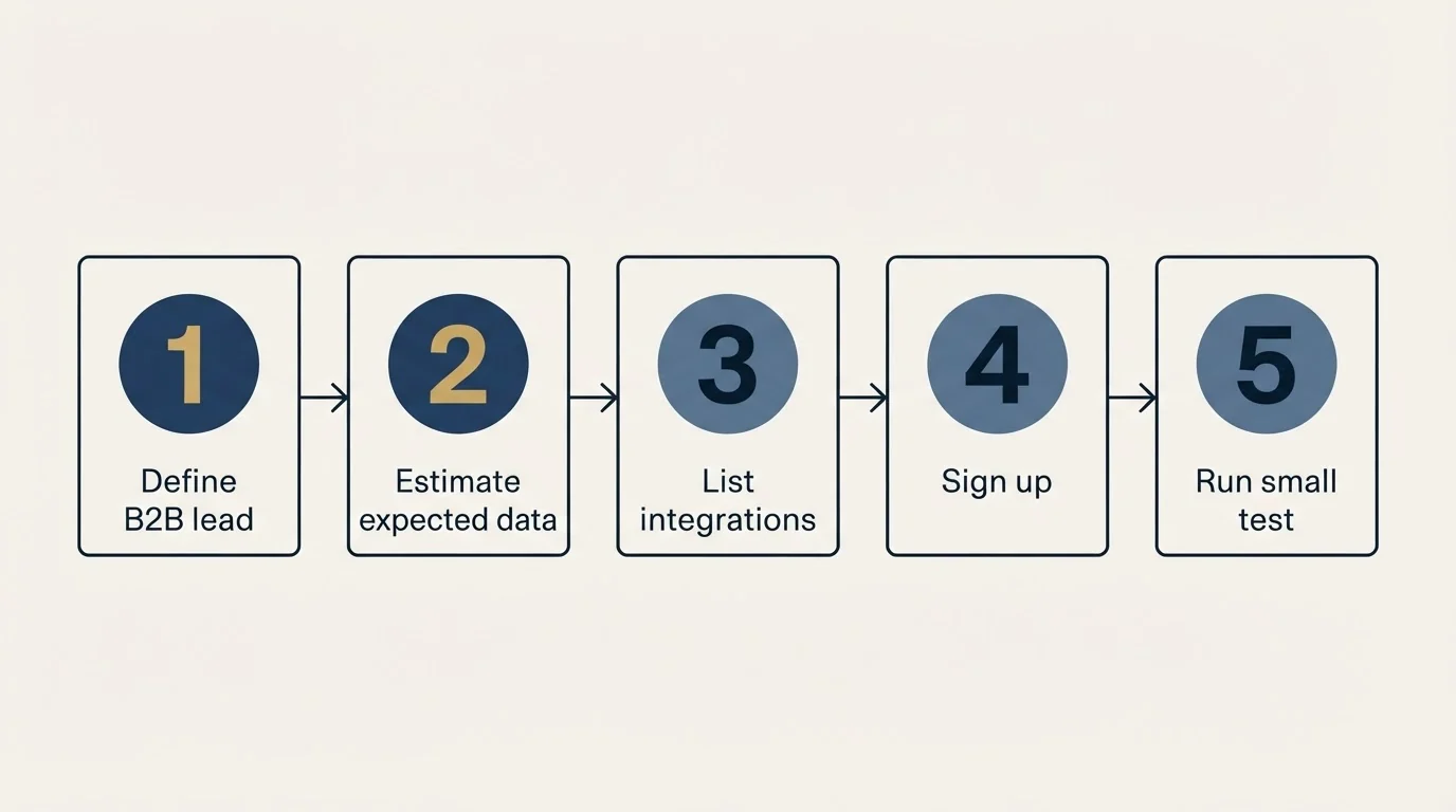 Step sequence: Getting Started Checklist (Define B2B lead, Estimate expected data, List integrations, Sign up)